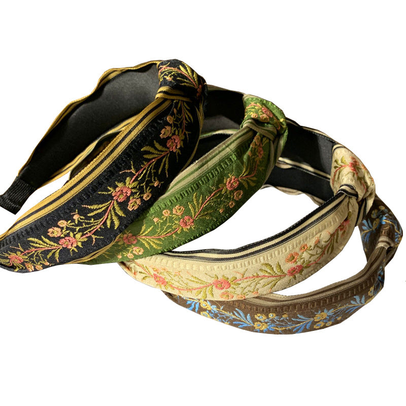 Wholesale Embroidery Retro Knotted Wide Fabric Headband